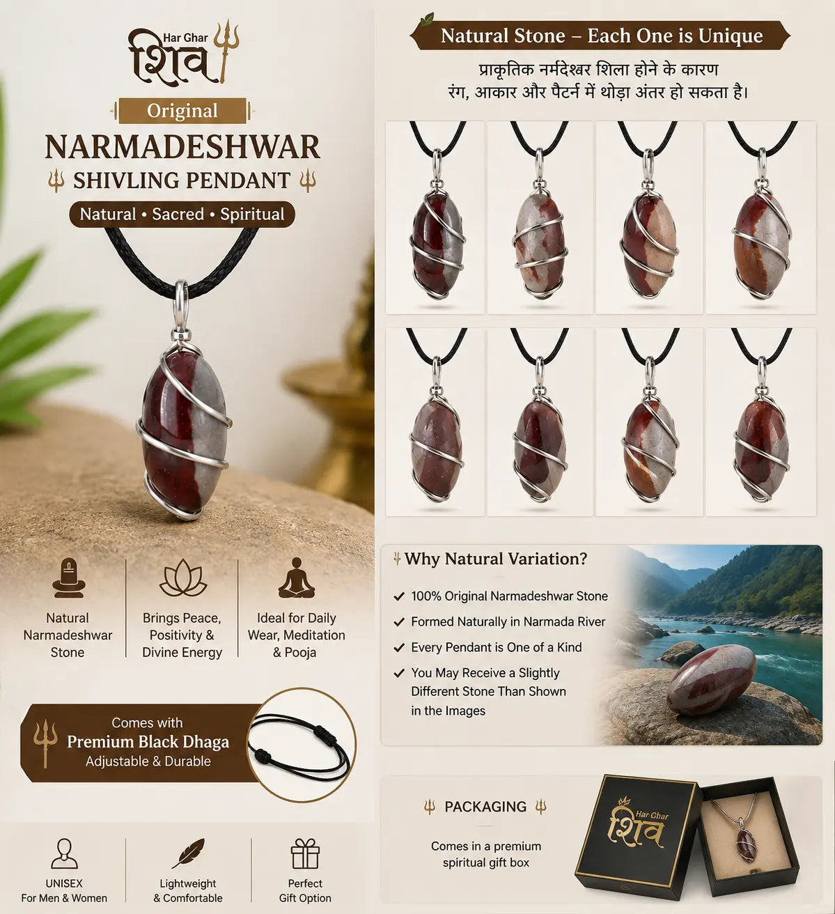 Narmadeshwar Shivling Pendant with sacred thread close-up