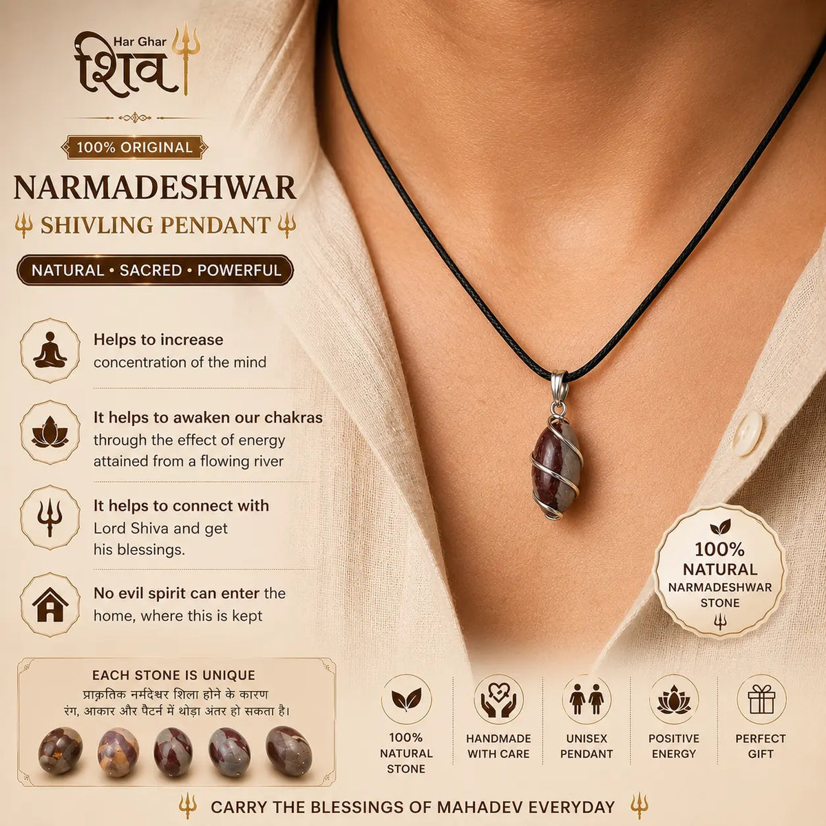 Narmadeshwar Shivling Pendant being worn as a necklace - natural stone spiritual jewellery